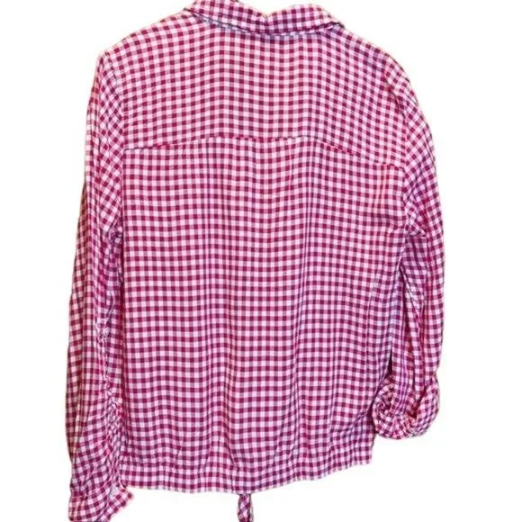 Jones New York Pink Baby Gingham V-Neck Button Up Tie Front Shirt Blouse Medium - Picture 2 of 6